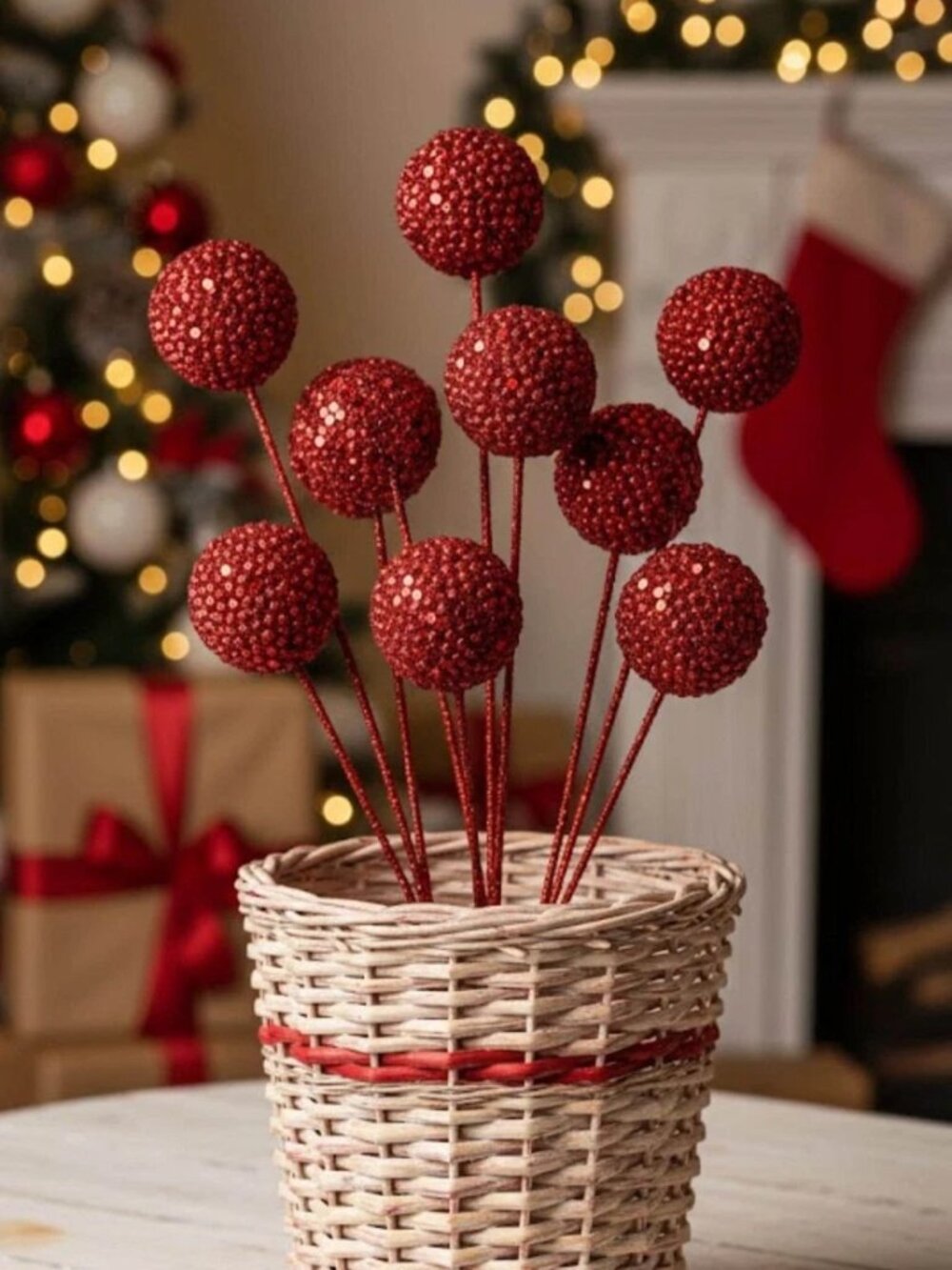 Red Glitter Ball Pick Valentine's or Christmas Wreath Party Decor Pick Stem
